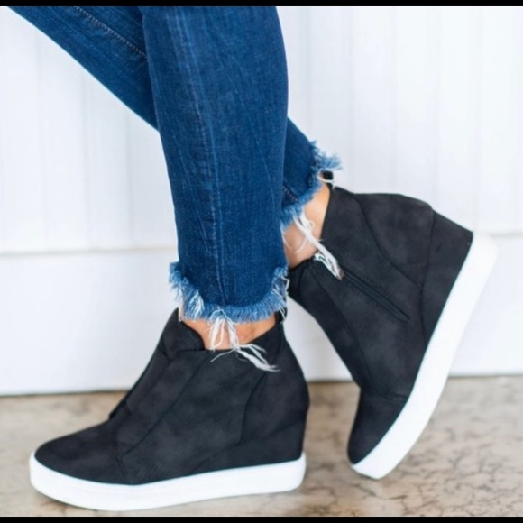 Black Faux Suede Wedge Sneakers - Picture 2 of 6